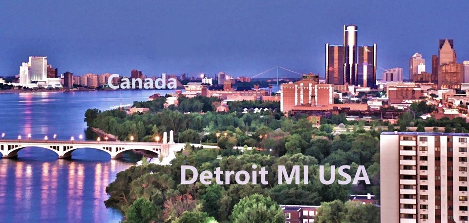 Légi felvétel a Detroit folyóról és a városközpont felhőkarcolóiról