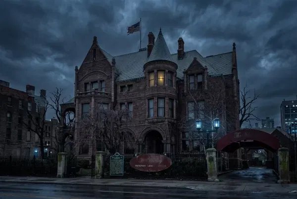 The Whitney mansion building glows in purple light in Detroit